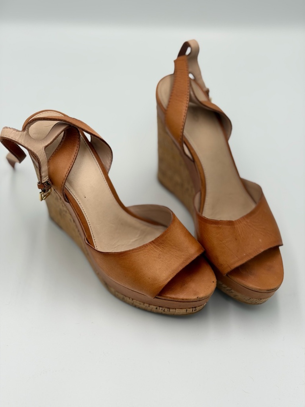 Aldo Cognac Leather Wedge Sandals